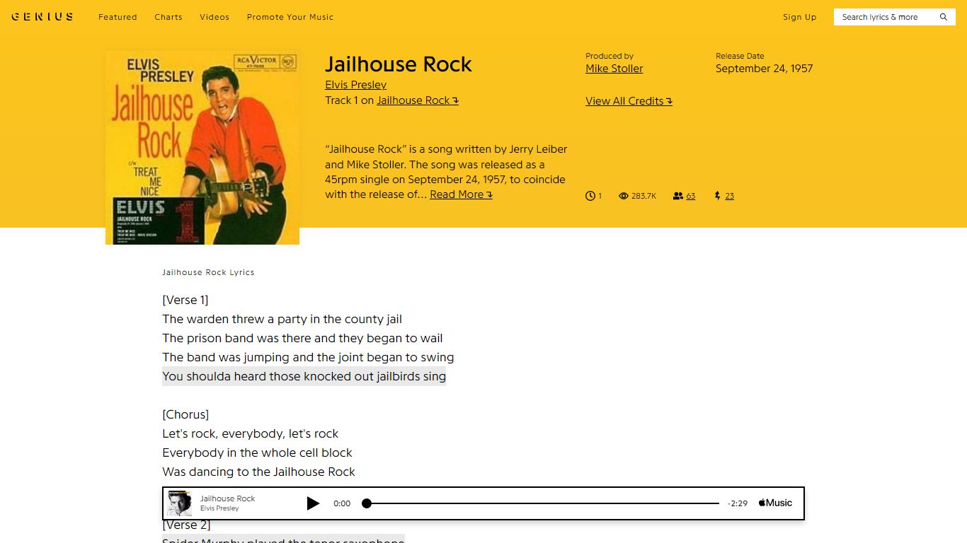 Elvis Presley – Jailhouse Rock Lyrics | Genius Lyrics